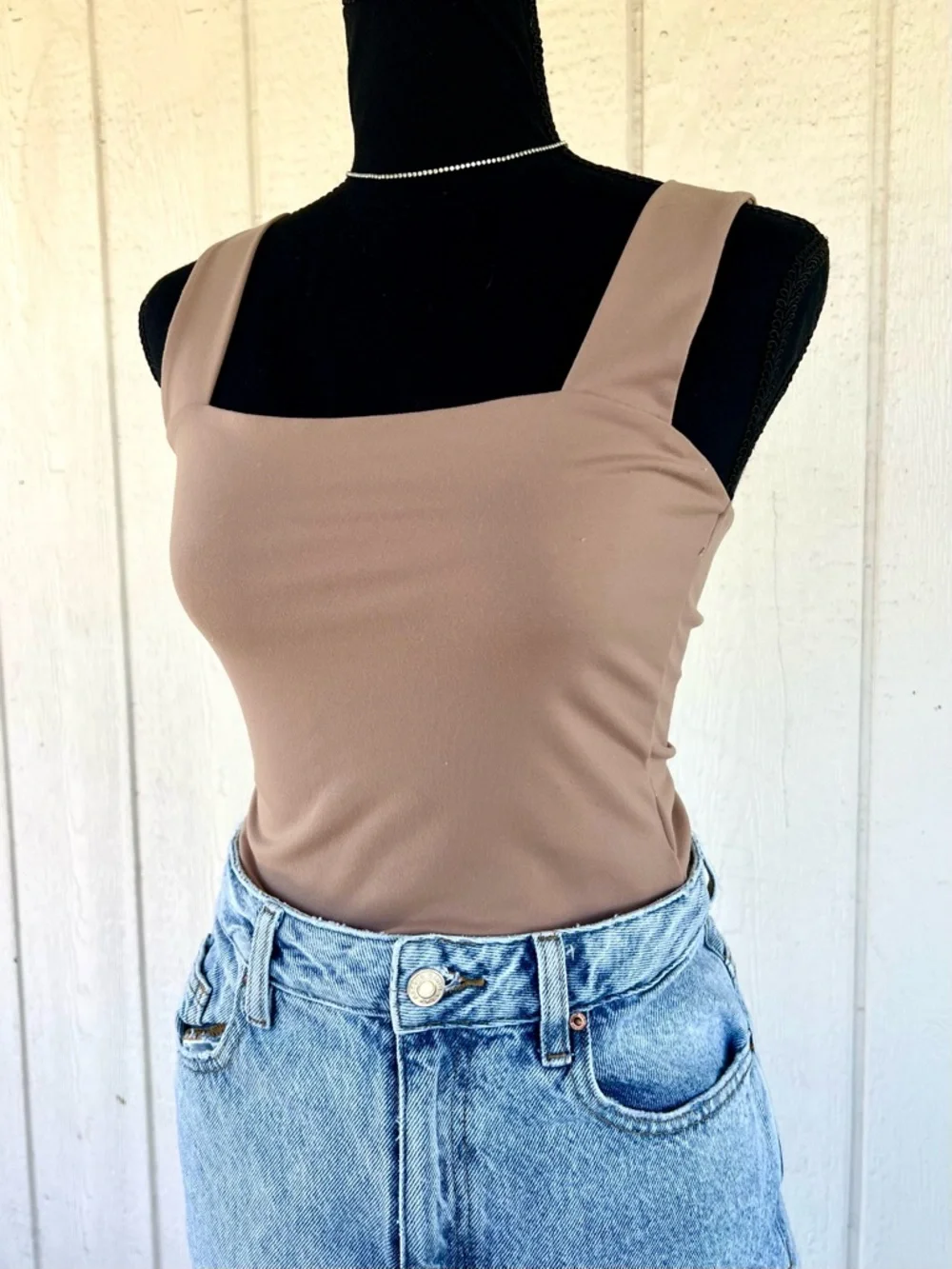Abercrombie Square Neck Bodysuit Small Taupe Neutral Minimalist Basic - Picture 3 of 7